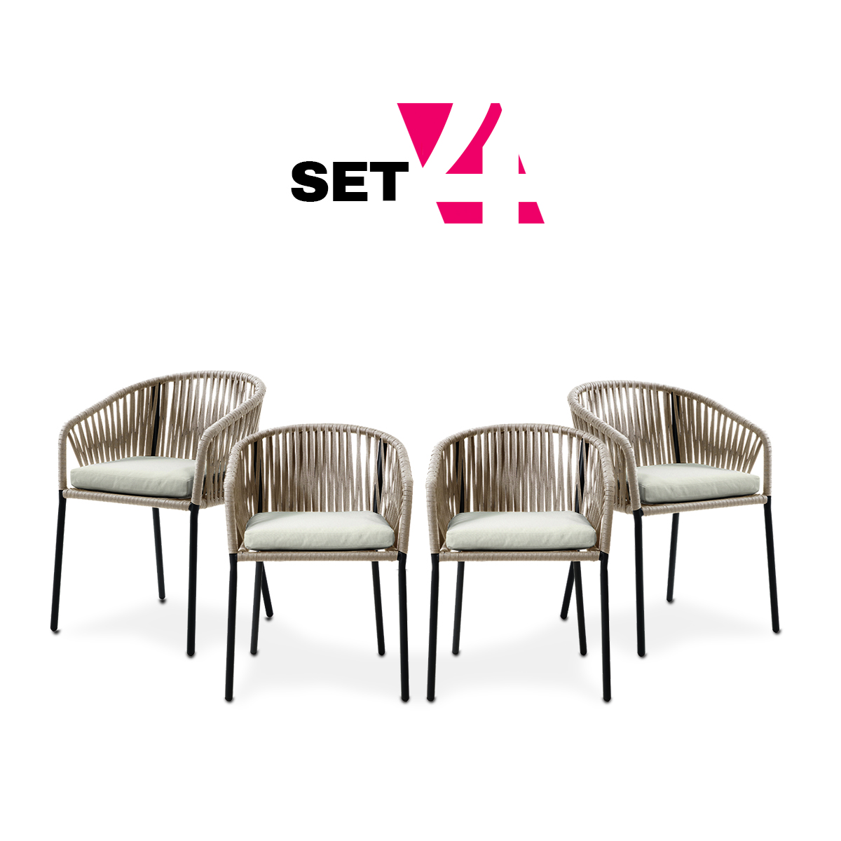 Set De 4 Sillas Para Exterior Color Beige Con Asiento Acolchado De Hule Espuma Y Estructura De Aluminio Y Cuerda Sint