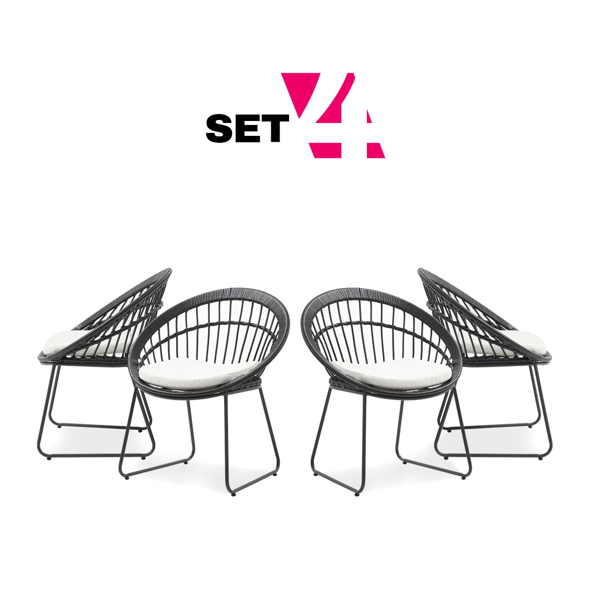 Set De 4 Sillas Para Exterior Color Negro Con Asiento Acolchado Impermeable Y Estructura De Acero Y Ratán Sintético