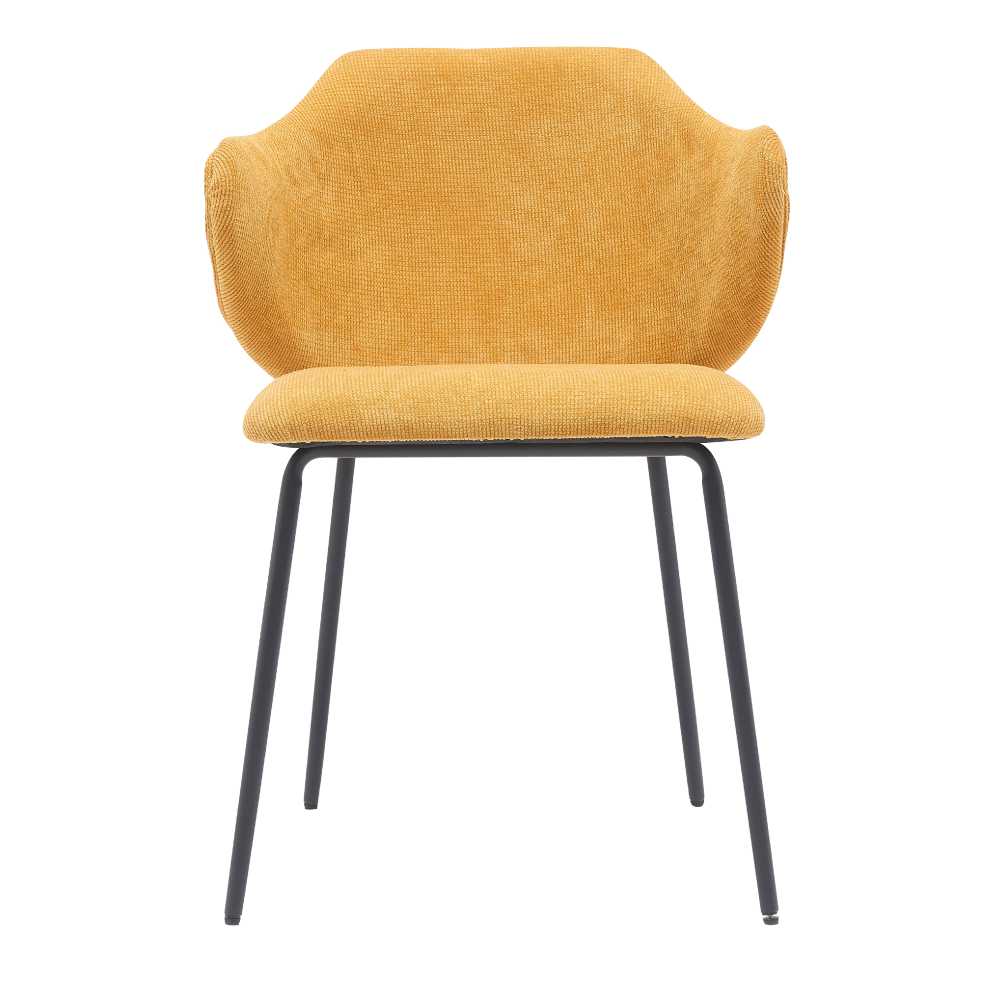 Silla Tapizada En Tela Mostaza Con Asiento Acolchado De Hule Espuma Y Patas De Metal Negras