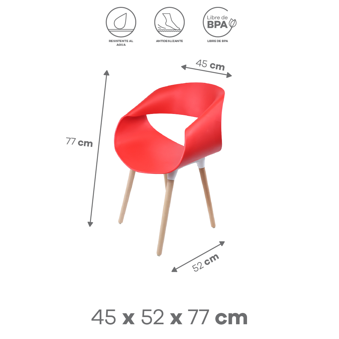 Foto 3 pulgar | Silla Nórdica Roja | Modelo Pc030 – Diseño Escandinavo, 45x52x77 Cm, Asiento Ergonómico Y Patas De Madera Natural