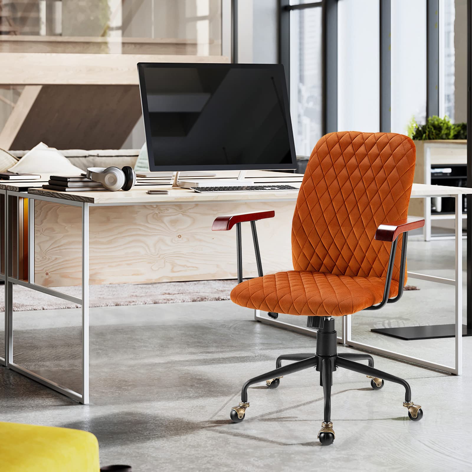 Foto 3 pulgar | Silla De Oficina Costway Tapizada En Terciopelo Naranja Con Respaldo Medio - Venta Internacional.