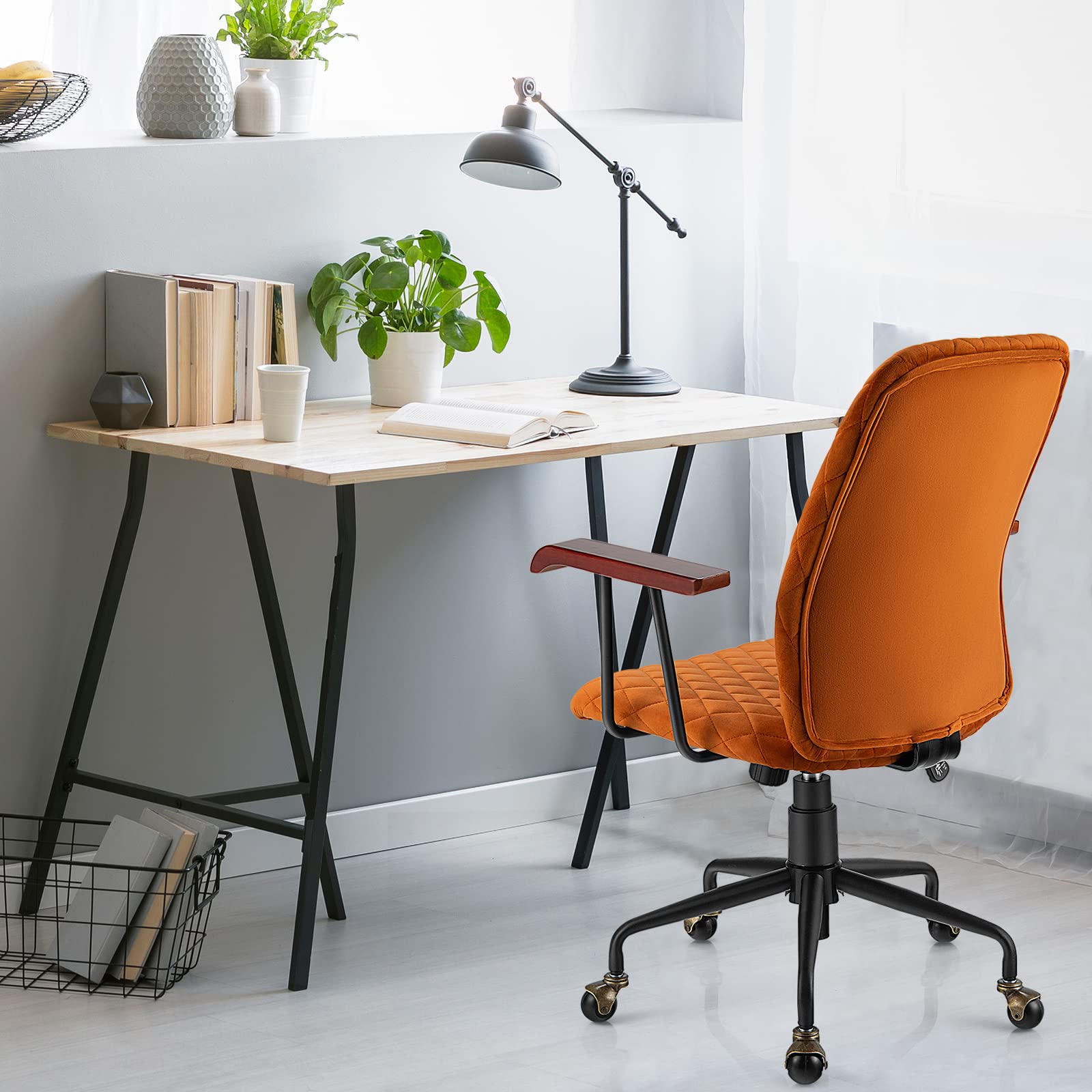 Foto 4 pulgar | Silla De Oficina Costway Tapizada En Terciopelo Naranja Con Respaldo Medio - Venta Internacional.