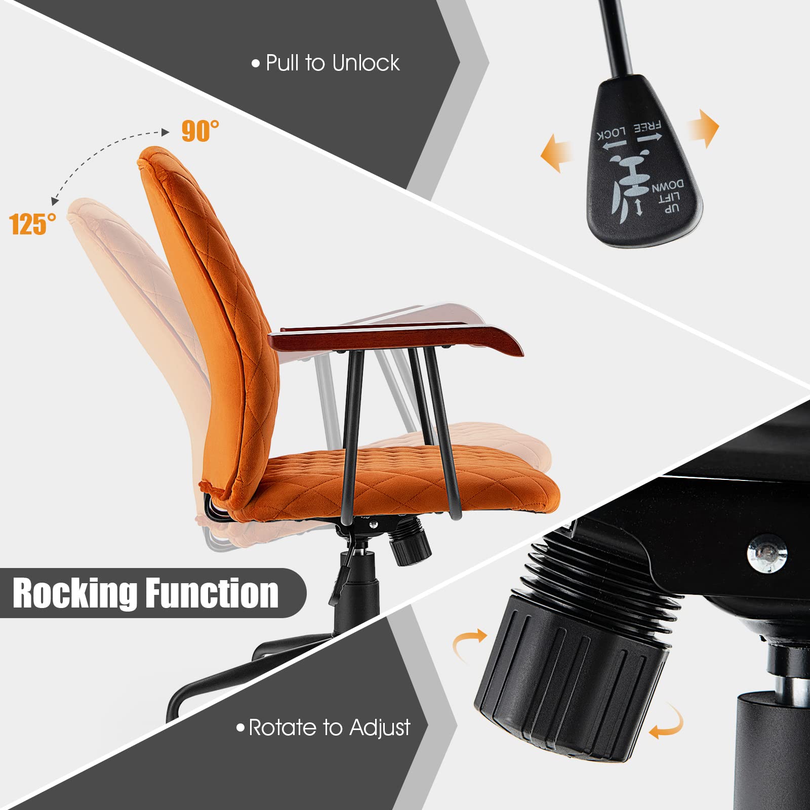 Foto 6 pulgar | Silla De Oficina Costway Tapizada En Terciopelo Naranja Con Respaldo Medio - Venta Internacional.