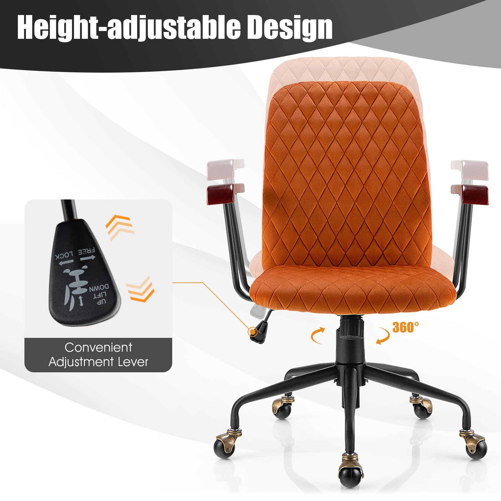 Foto 7 pulgar | Silla De Oficina Costway Tapizada En Terciopelo Naranja Con Respaldo Medio - Venta Internacional.