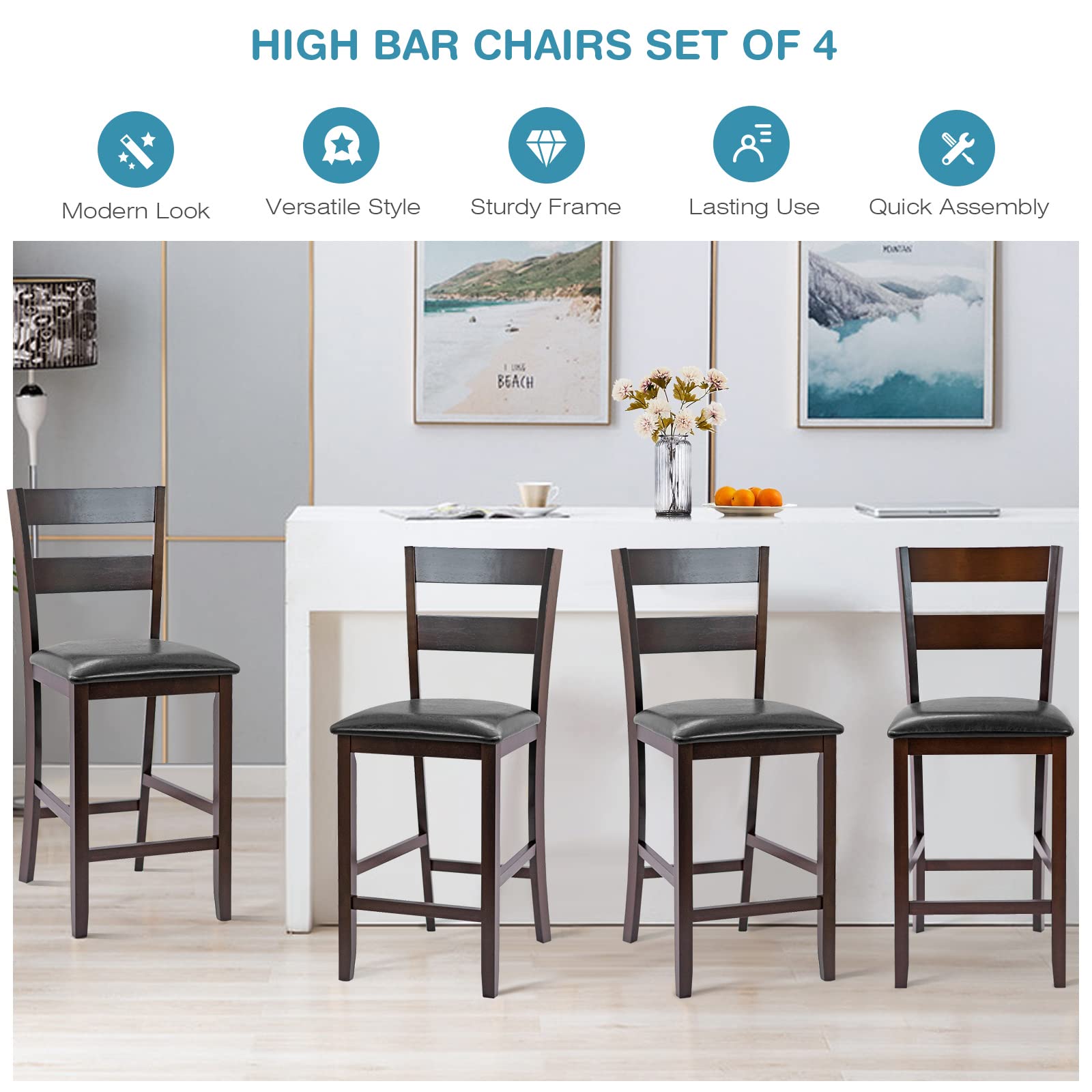 Foto 3 pulgar | Juego De 4 Taburetes De Bar Costway, Altura De Mostrador De 64 Cm Con Asiento Acolchado - Venta Internacional.