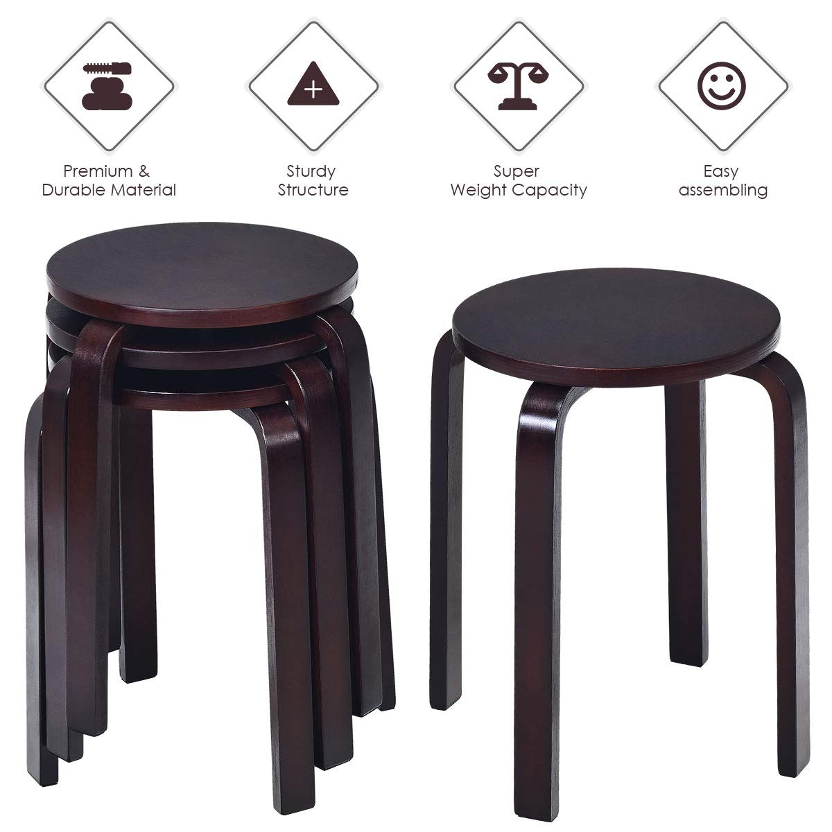 Foto 7 | Juego De 4 Taburetes Apilables De Madera Curvada Costway  46 Cm De Altura - Venta Internacional.