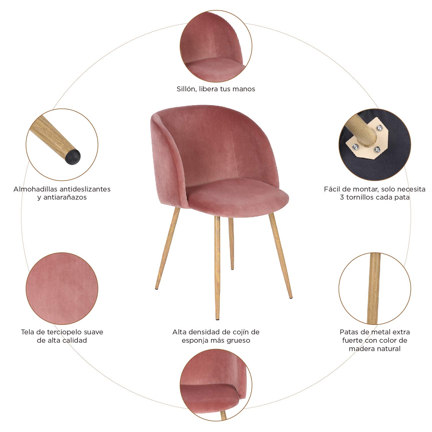 Foto 6 pulgar | Silla de Comedor Furniturer Ynez Rosa 2 Piezas
