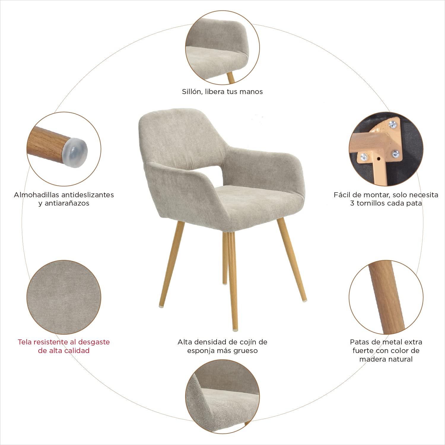 Foto 6 pulgar | Silla De Comedor Furniturer Cromwell Beige 56 X 56 X 78 Cm