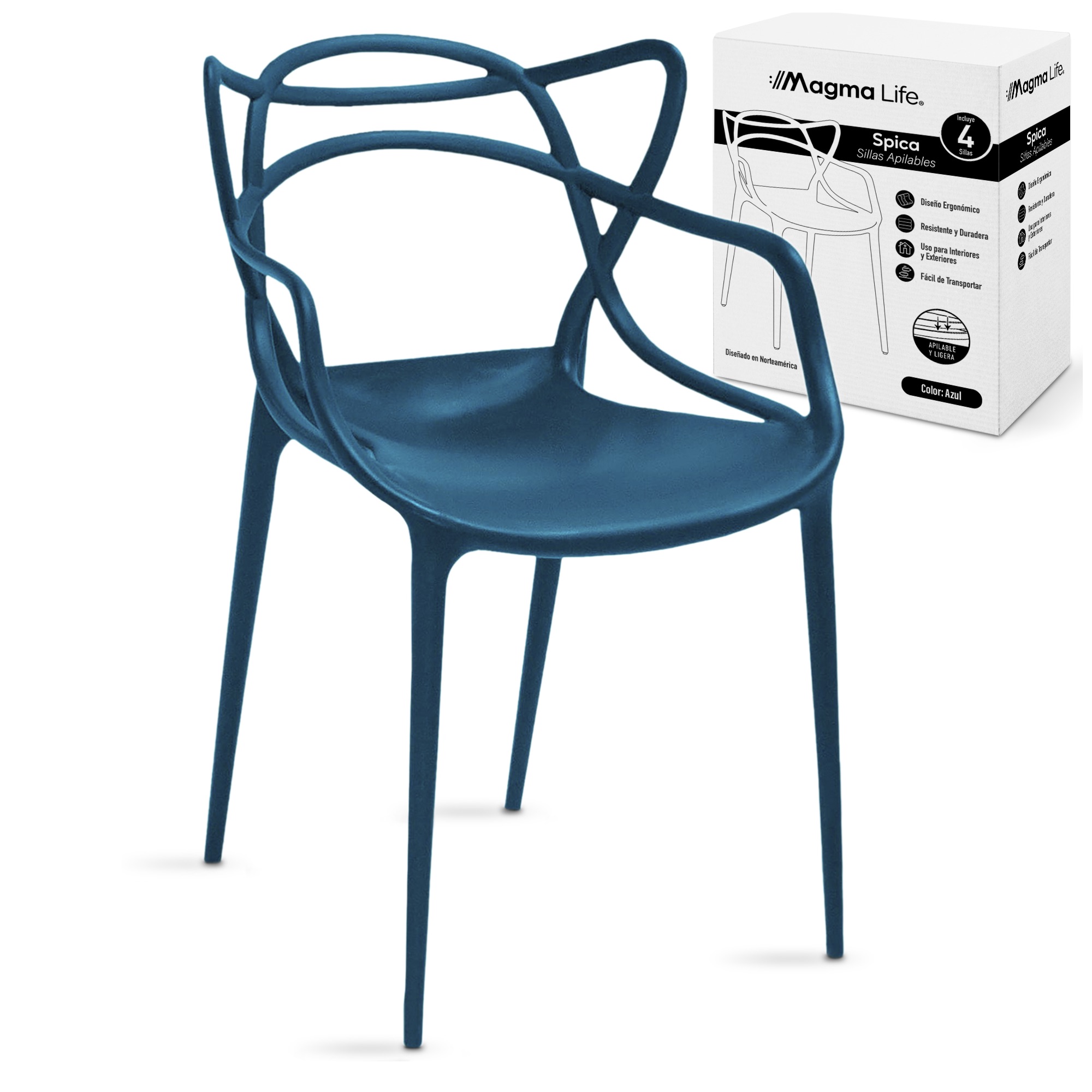 Foto 2 pulgar | Magma Life Sillas Spica Para Comedor | Set De 4 Sillas Modernas De Plástico Resistente Con Respaldo Estético (azul)