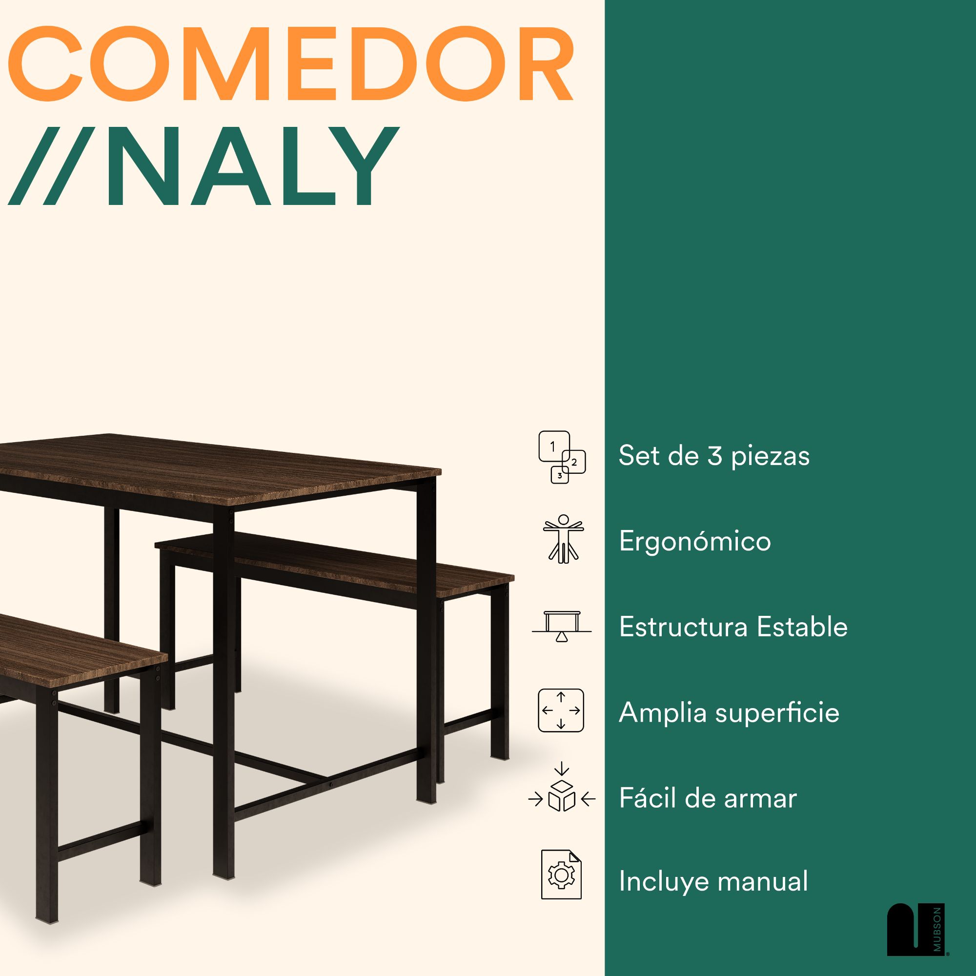 Foto 3 pulgar | Comedor Mubson Naly con 2 Taburetes Antecomedor Café