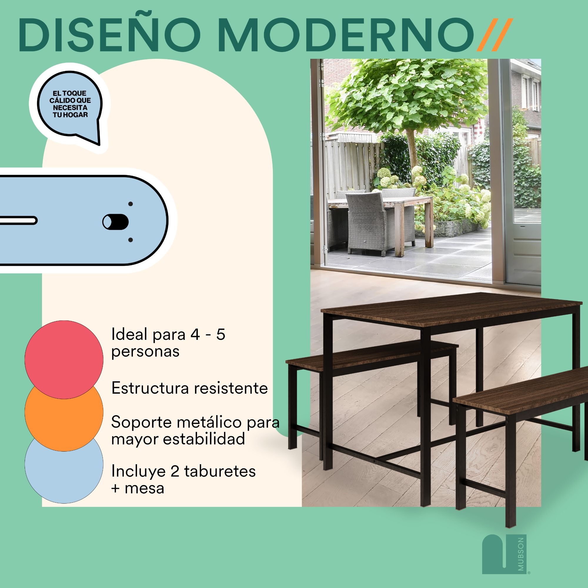 Foto 5 | Comedor Mubson Naly con 2 Taburetes Antecomedor Café
