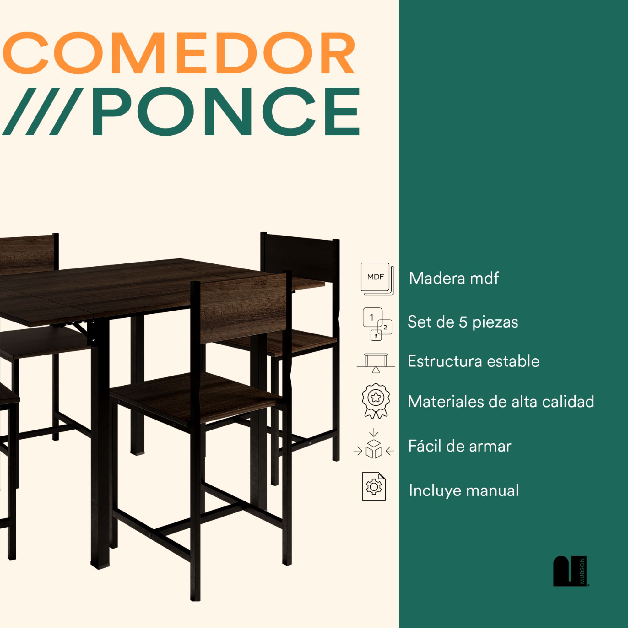 Foto 3 pulgar | Comedor Mubson Ponce con 4 Sillas Antecomedor Café para Cocina