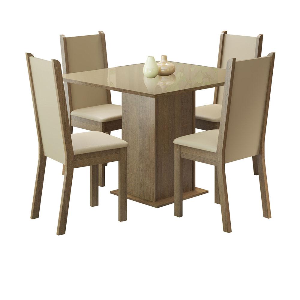 Juego de Comedor Moscou Plus Madesa con Mesa de Vidrio y 4 Sillas Tapizadas en Sintético Beige