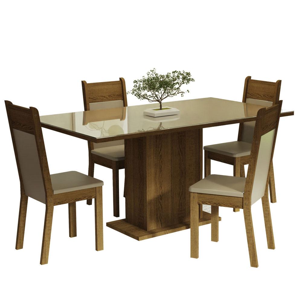 Juego de Comedor con Tablero de Vidrio y 4 Sillas Madesa Greta Crema Marrón Beige