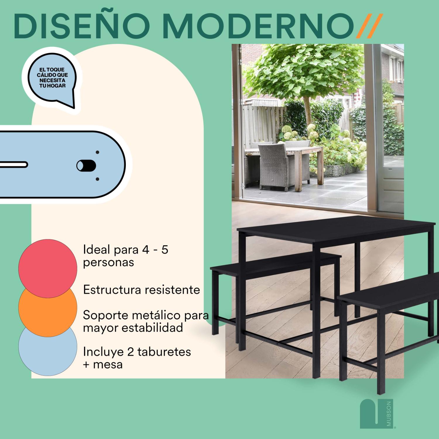 Foto 5 pulgar | Comedor Mubson Naly Con 2 Taburetes Antecomedor Negro