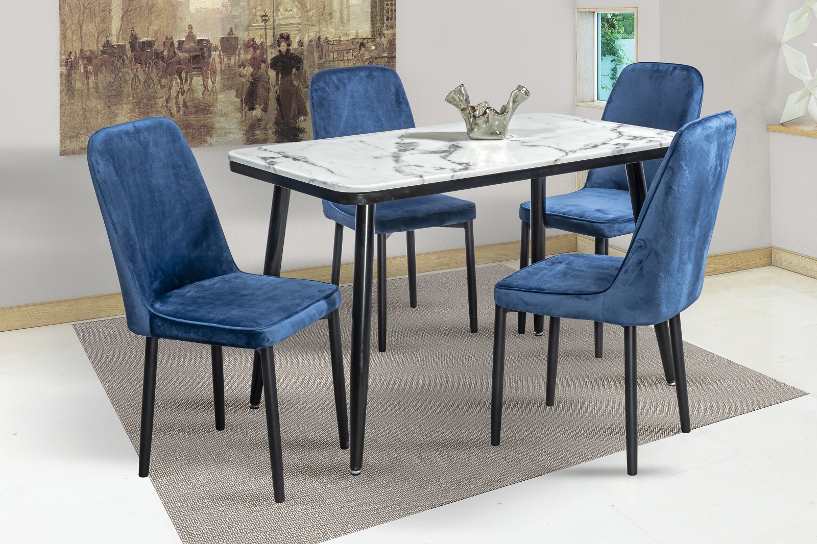 Comedor Mobilkraft Max Azul 4 Sillas Tubular Cristal
