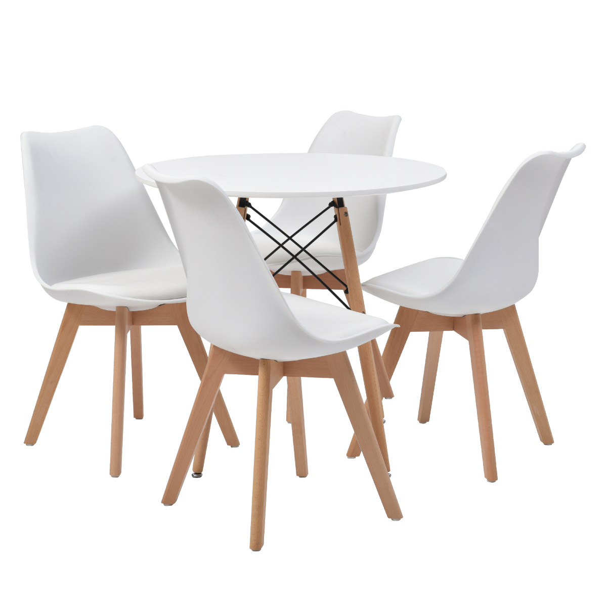 Comedor Completo Blanco Con Mesa Redonda Y 4 Sillas Con Asiento De Vinipiel Y Patas De Madera