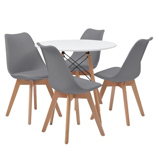 Foto 1 | Comedor Completo Con Mesa Redonda Color Blanco Y 4 Sillas Grises Con Asiento De Vinipiel Y Patas De Madera