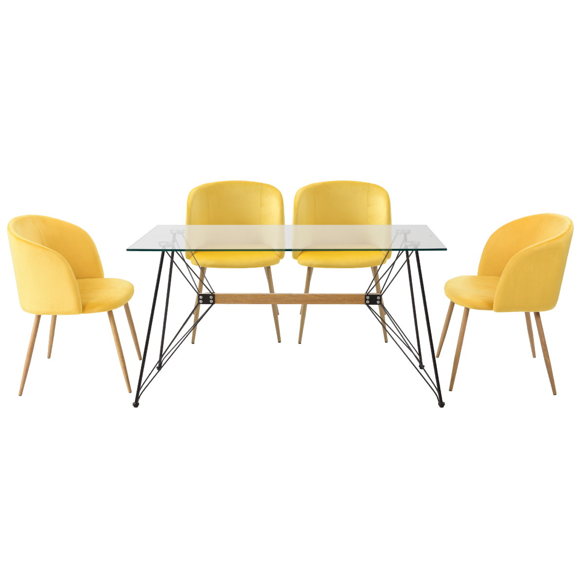 Comedor Completo Con Mesa De Cristal Y 4 Sillas Tapizadas En Terciopelo Mostaza Con Patas De Metal Con Efecto Madera