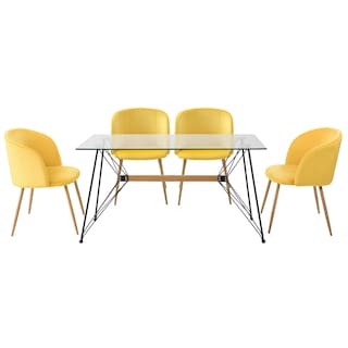 Foto 1 | Comedor Completo Con Mesa De Cristal Y 4 Sillas Tapizadas En Terciopelo Mostaza Con Patas De Metal Con Efecto Madera