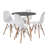 Comedor Completo Con Mesa Redonda Color Negro Y 4 Sillas Blancas Con Patas De Madera Y Soporte Metálico