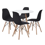 Comedor Completo Con Mesa Redonda Color Blanco Y 4 Sillas Negras Con Patas De Madera Y Soporte Metálico