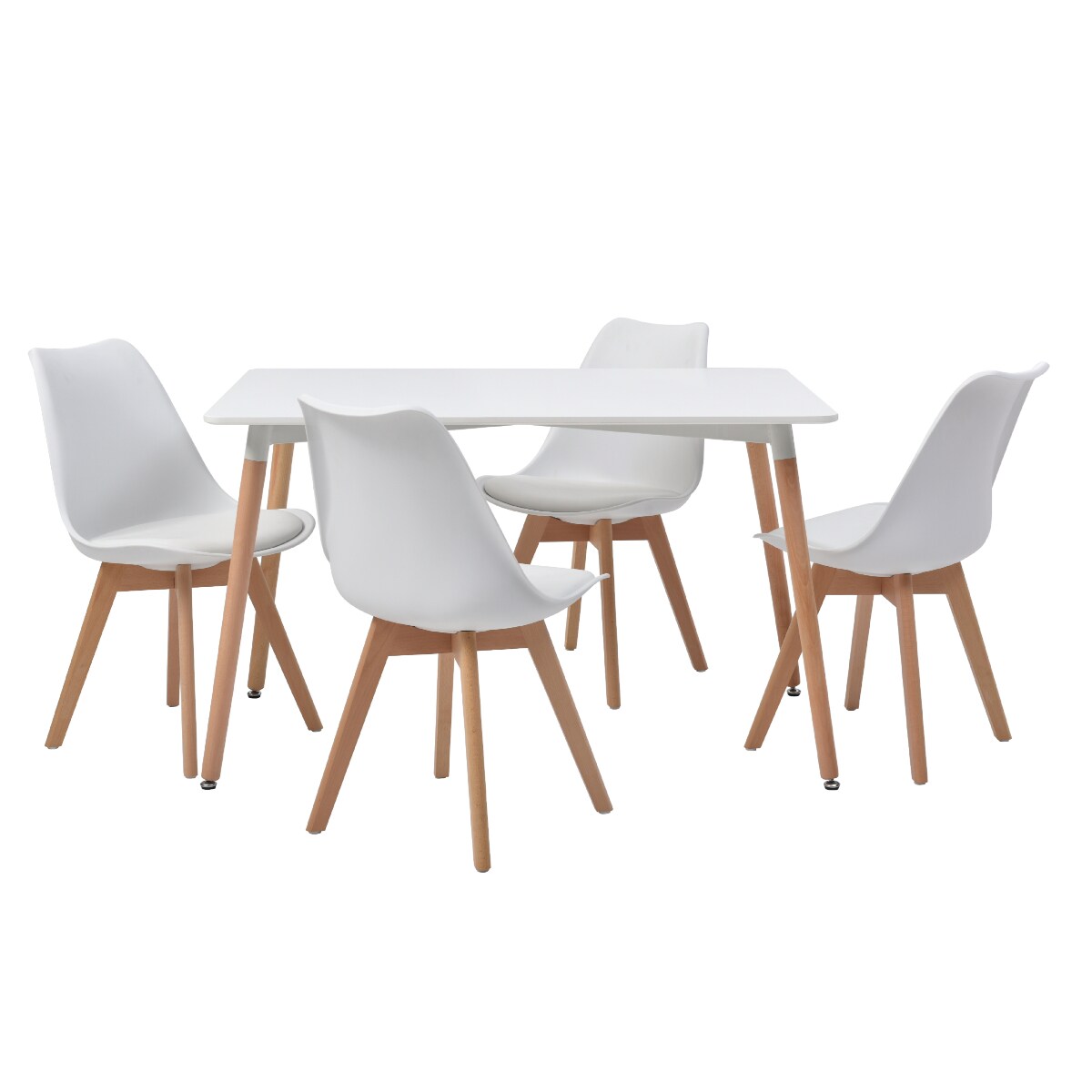 Comedor Completo Blanco Con 4 Sillas Con Asiento De Vinipiel Y Patas De Madera $8,429