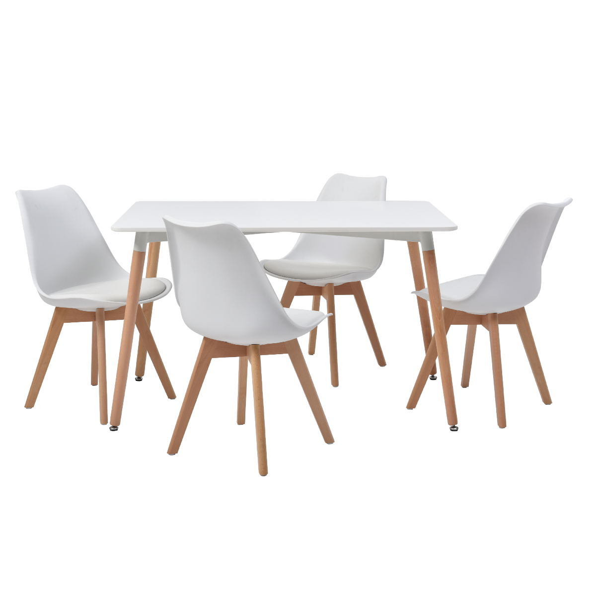 Comedor Completo Blanco Con 4 Sillas Con Asiento De Vinipiel Y Patas De Madera