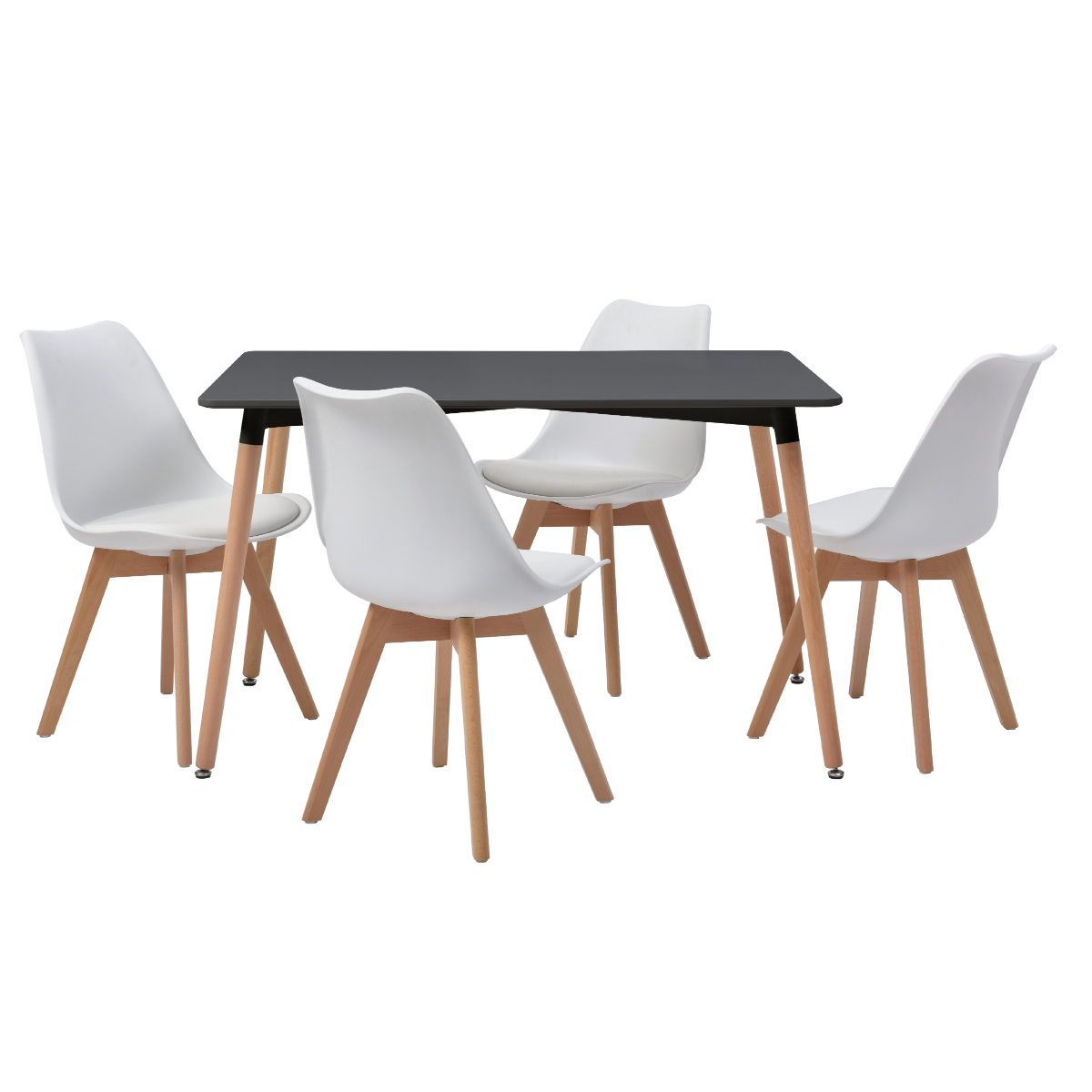 Comedor Completo Con Mesa Negra Y 4 Sillas Blancas Con Asiento De Vinipiel Y Patas De Madera