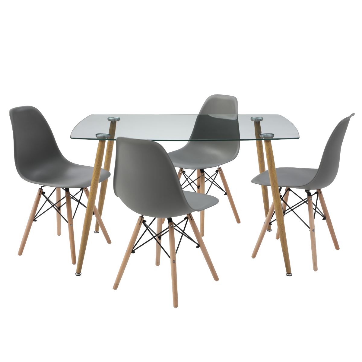Foto 2 pulgar | Comedor Completo Con Mesa De Cristal Y 4 Sillas Grises Con Patas De Madera Y Soporte Metálico