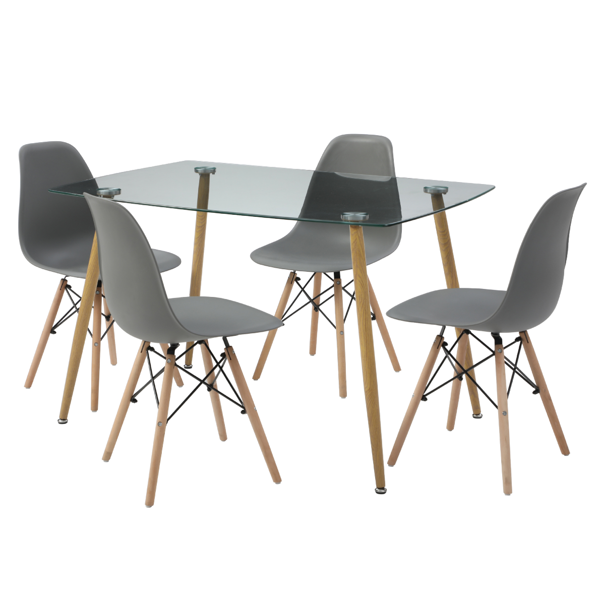 Foto 3 pulgar | Comedor Completo Con Mesa De Cristal Y 4 Sillas Grises Con Patas De Madera Y Soporte Metálico