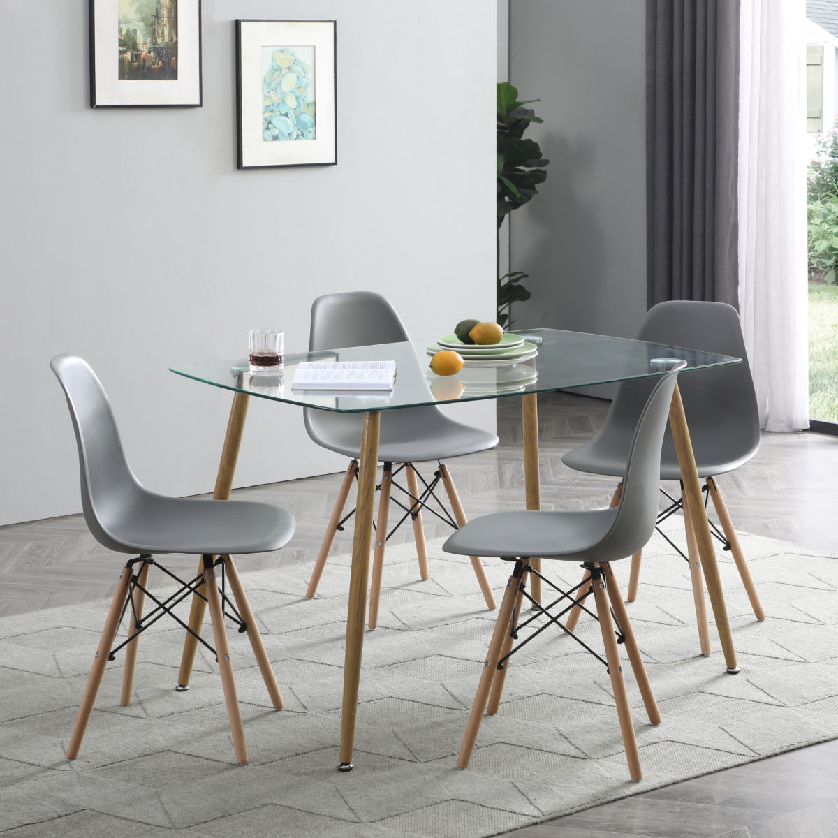 Foto 8 pulgar | Comedor Completo Con Mesa De Cristal Y 4 Sillas Grises Con Patas De Madera Y Soporte Metálico