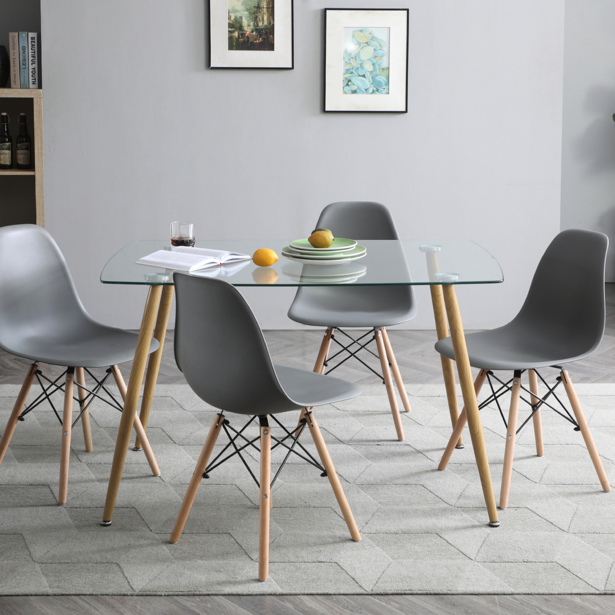 Foto 9 pulgar | Comedor Completo Con Mesa De Cristal Y 4 Sillas Grises Con Patas De Madera Y Soporte Metálico