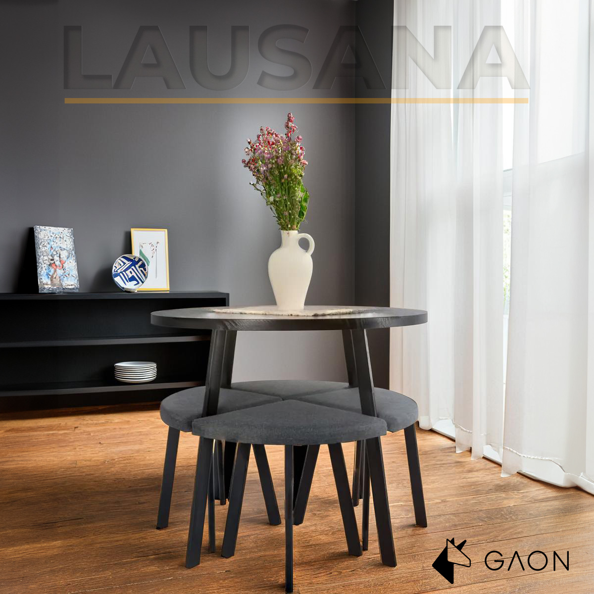 Foto 5 pulgar | Mesa De Comedor Circular Moderno Negro Para 4 Personas