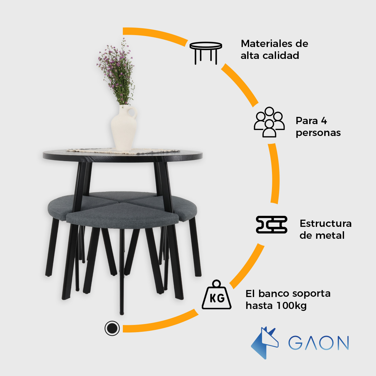 Foto 6 pulgar | Mesa De Comedor Circular Moderno Negro Para 4 Personas