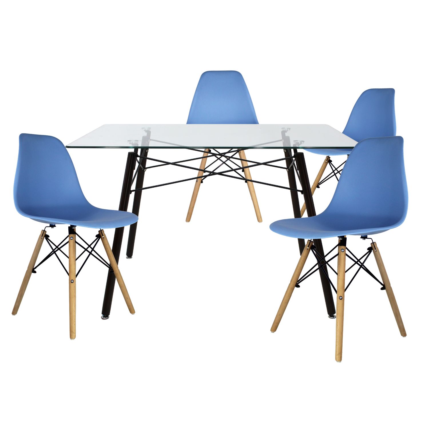 Comedor Cristal Rectangular Con Patas Nogal Para 4 Personas Sillas Oslo Azul