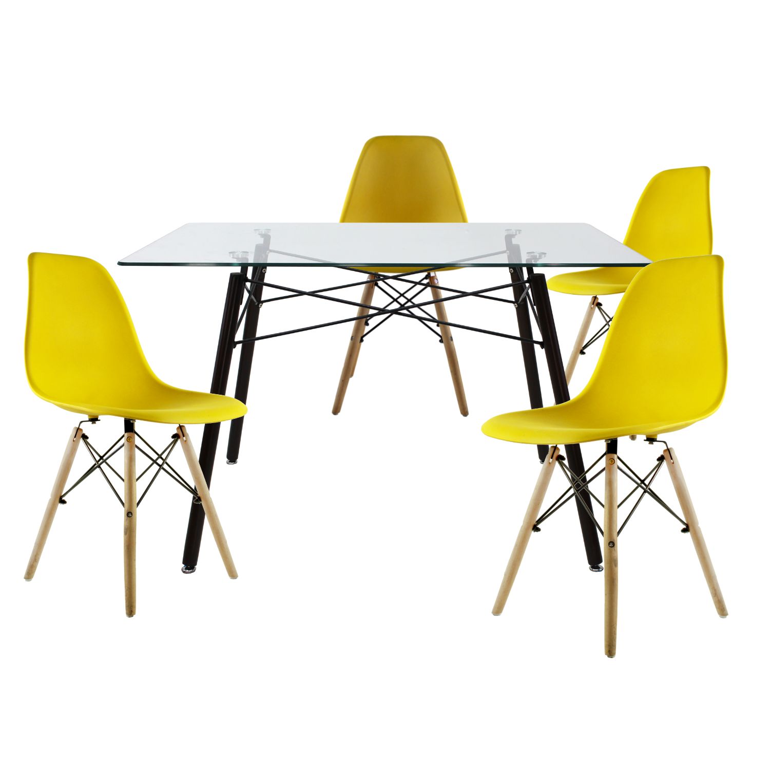 Comedor Cristal Rectangular Con Patas Nogal Para 4 Personas Sillas Oslo Amarillas