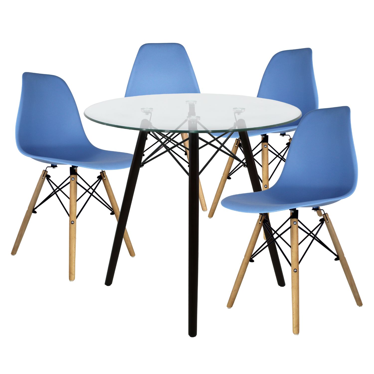 Comedor Cristal Con Patas Nogal Para 4 Personas Sillas Oslo Azul