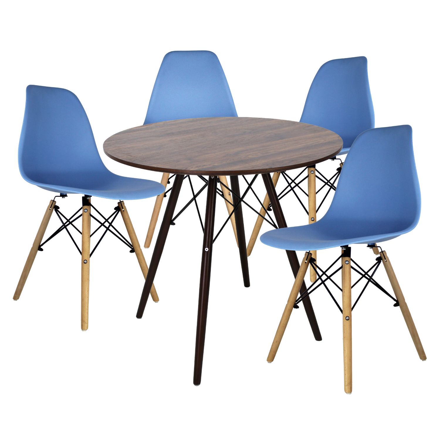 Comedor Oslo Redondo Nogal Para 4 Personas Sillas Oslo Azul