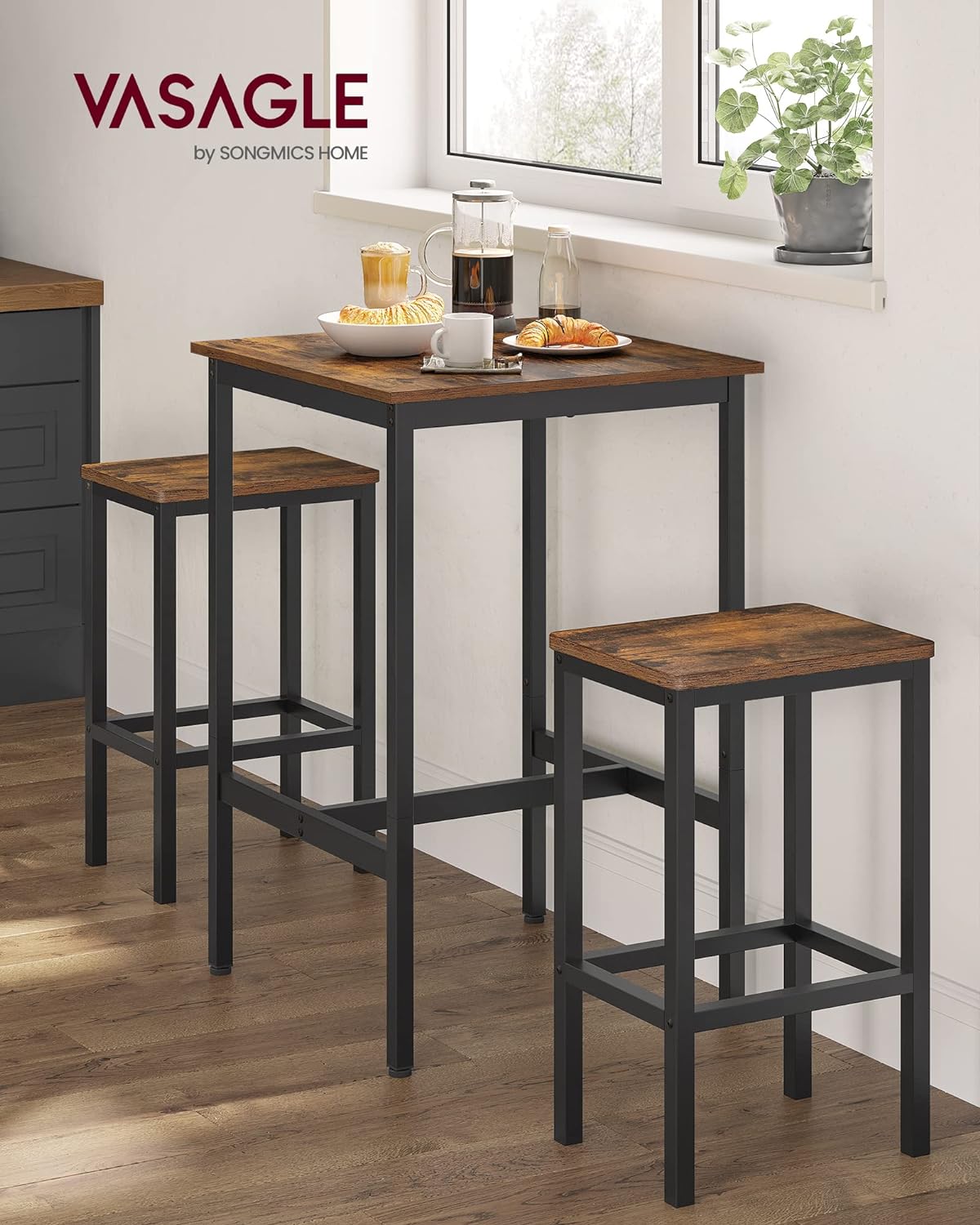 Foto 3 | Juego De Mesa De Bar Vasagle Rustic Brown Con 2 Sillas De 60 X 60 X 90 Cm