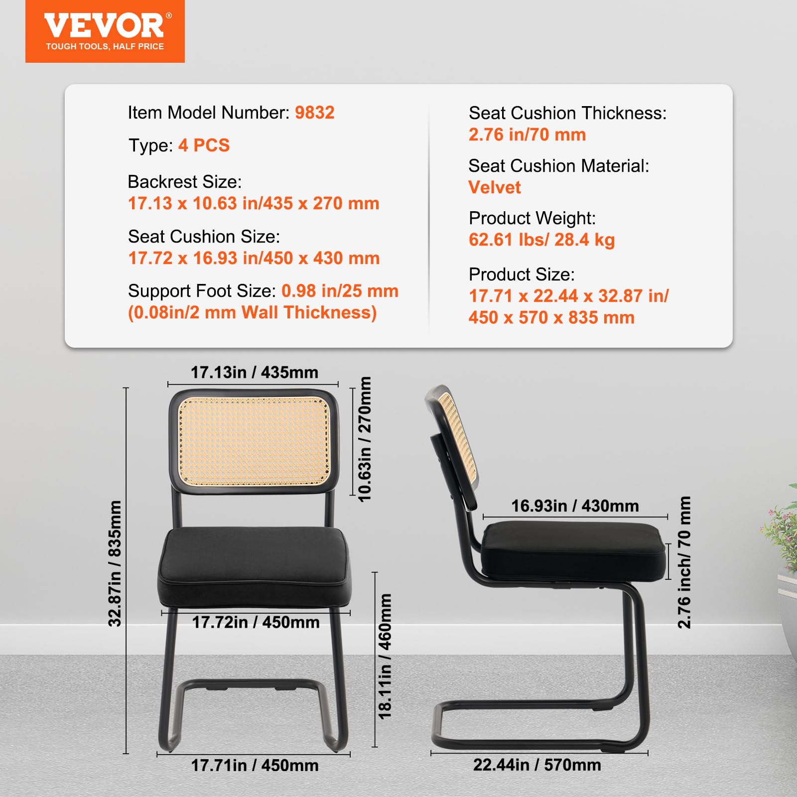 Foto 7 | Juego De Sillas De Comedor Vevor Rattan Mid Century Modern X4 - Venta Internacional.