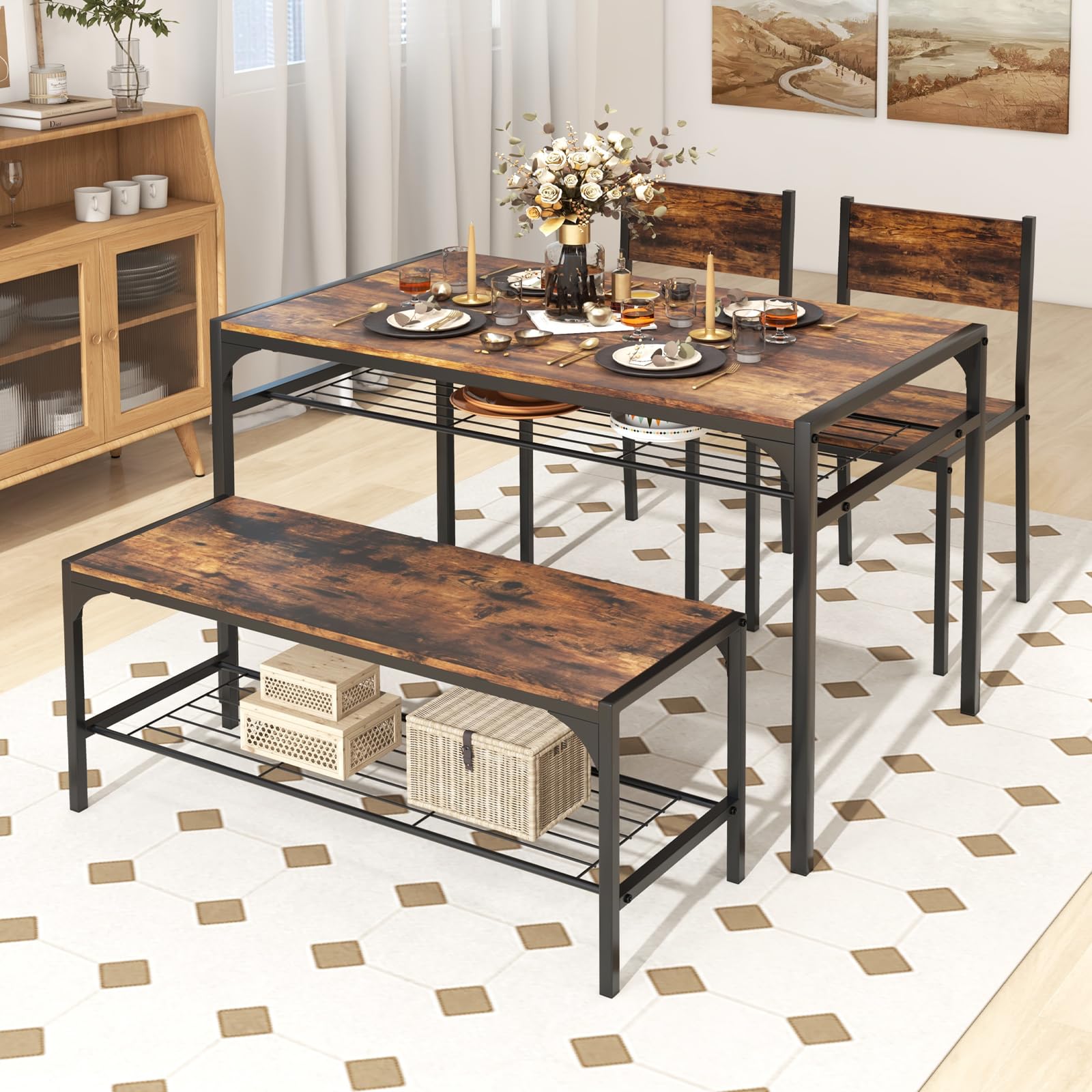 Foto 3 pulgar | Juego De Mesa De Comedor Costway, Mesa De Cocina, 2 Sillas, Banco Para 4 Personas - Venta Internacional.