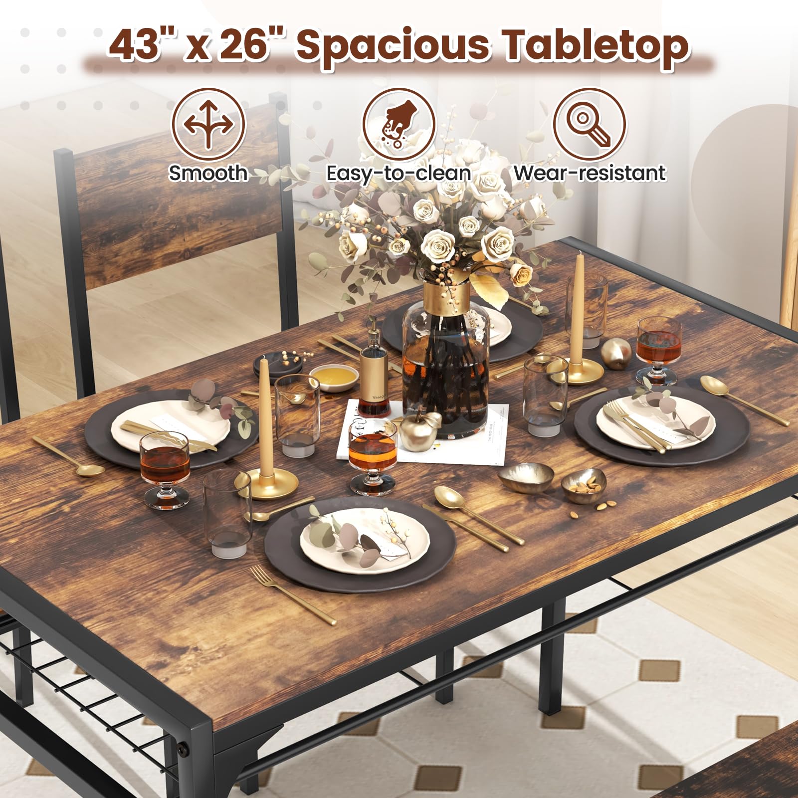 Foto 4 pulgar | Juego De Mesa De Comedor Costway, Mesa De Cocina, 2 Sillas, Banco Para 4 Personas - Venta Internacional.