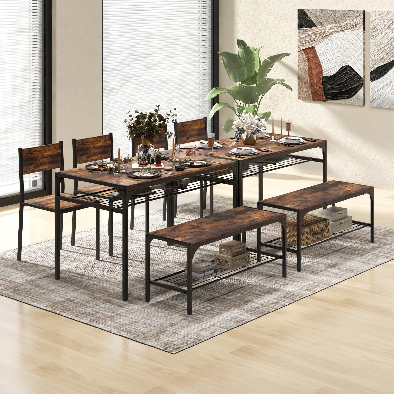 Foto 6 pulgar | Juego De Mesa De Comedor Costway, Mesa De Cocina, 2 Sillas, Banco Para 4 Personas - Venta Internacional.