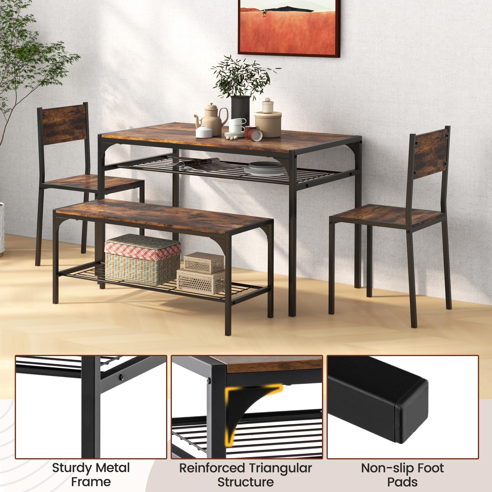 Foto 6 | Juego De Mesa De Comedor Costway, Mesa De Cocina, 2 Sillas, Banco Para 4 Personas - Venta Internacional.