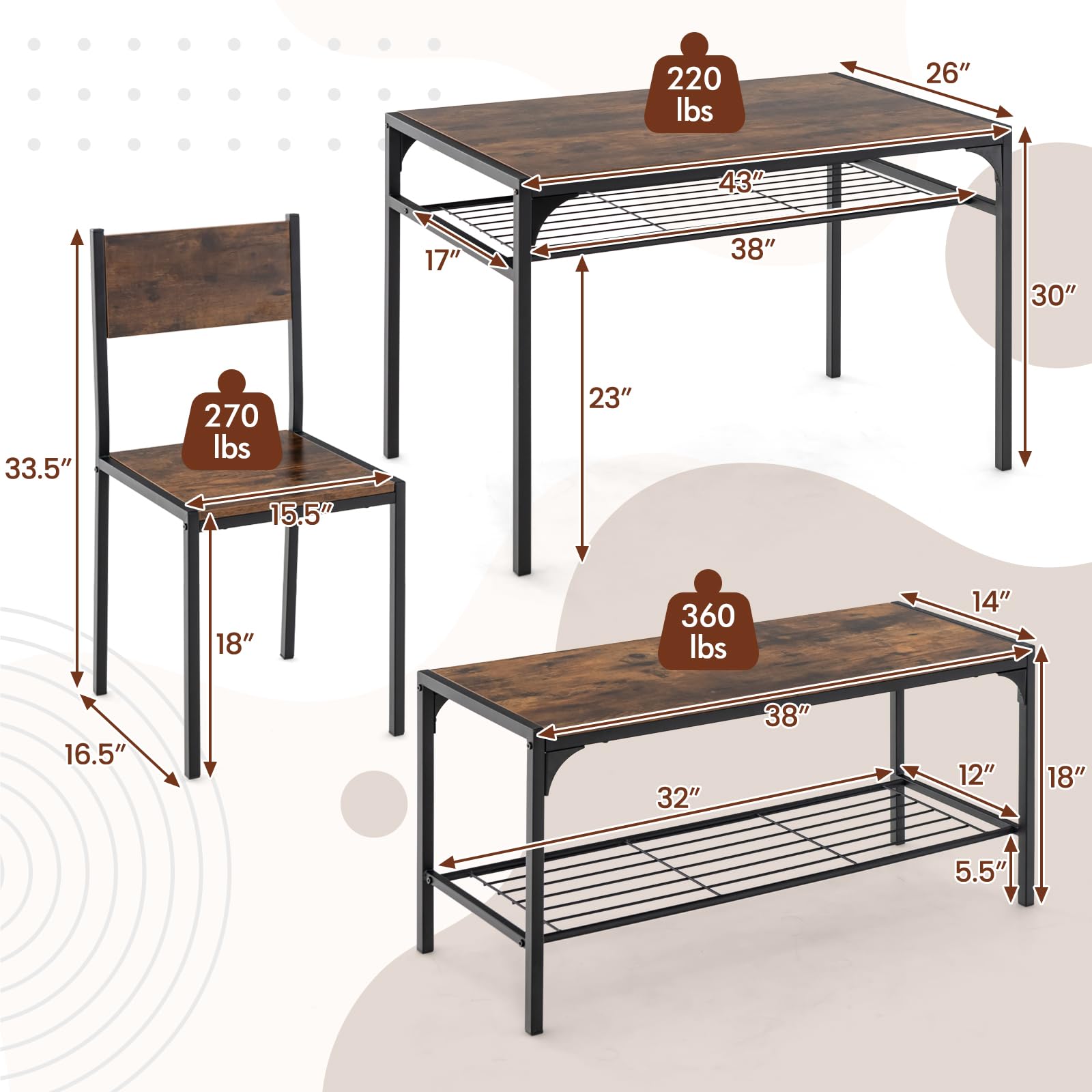 Foto 8 pulgar | Juego De Mesa De Comedor Costway, Mesa De Cocina, 2 Sillas, Banco Para 4 Personas - Venta Internacional.