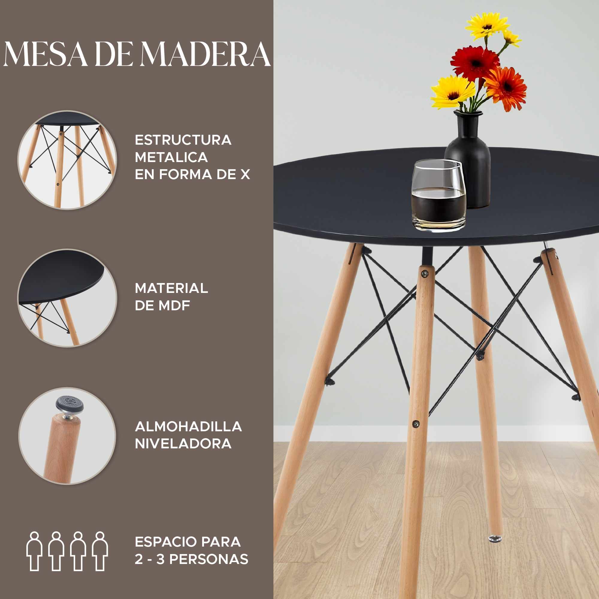 Foto 3 pulgar | Mesa De Comedor Elly Decor Redonda Estilo Eames Minimalista Moderna color Negro