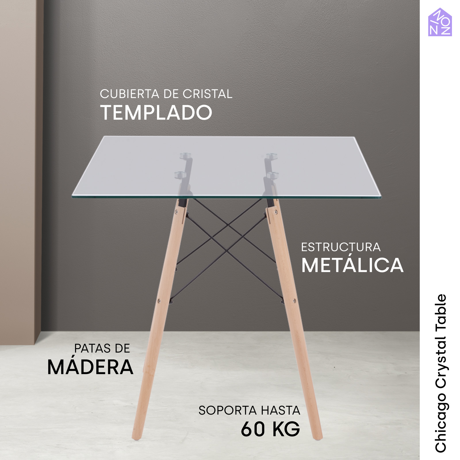 Foto 3 pulgar | Mesa de Comedor Cuadrada Ninon Chicago Cristal Templado para 4 Personas