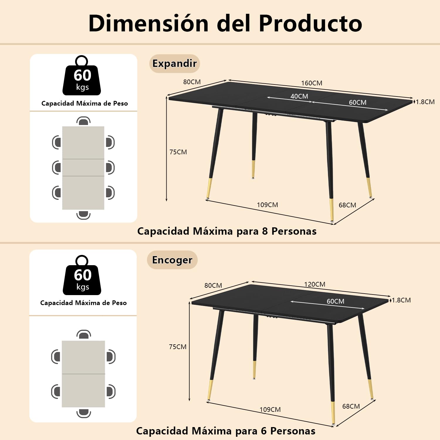 Foto 3 | Mesa De Comedor Furniturer Whalen Negro Ampliar：160 X 80 X 75 Cm，plegable：120 X 80 X 75 Cm