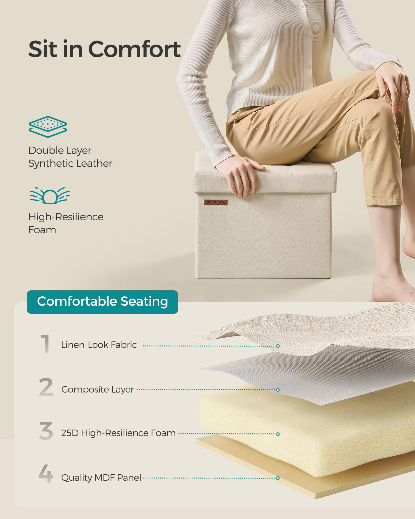 Foto 5 | Banco de Almacenamiento Songmics Crema 32 Litros- Venta Internacional